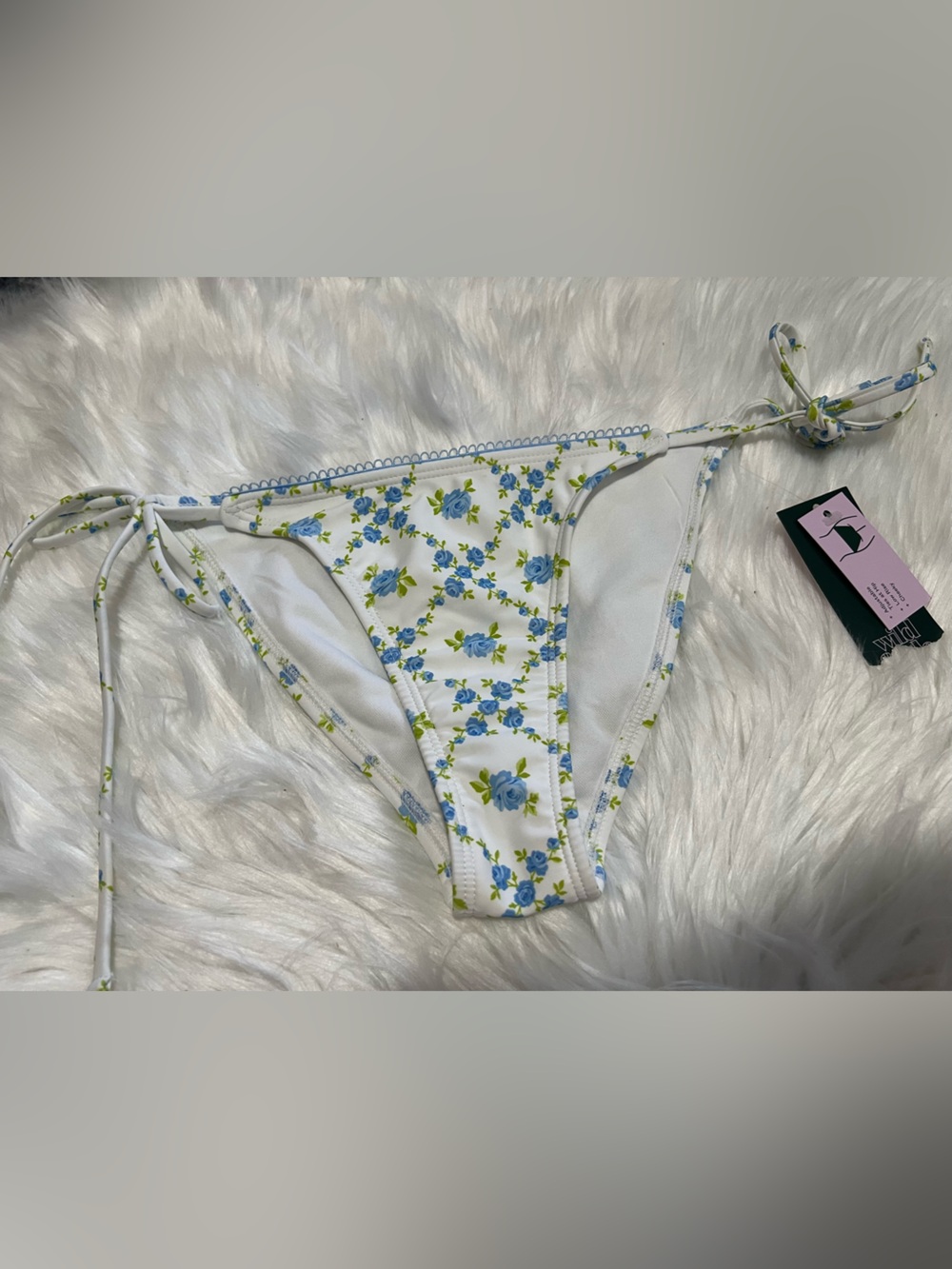 Women’s Tie-Side Bikini Bottom - White with Blue Floral Print